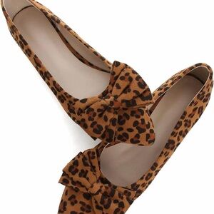 Brown Animal Print Leopard Ballet Flats Shoes Bow Faux Suede Slip Ons Women 8.5